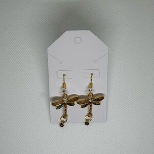 Handmade Gold Fishhook Earrings with Dragonfly Shell Beads